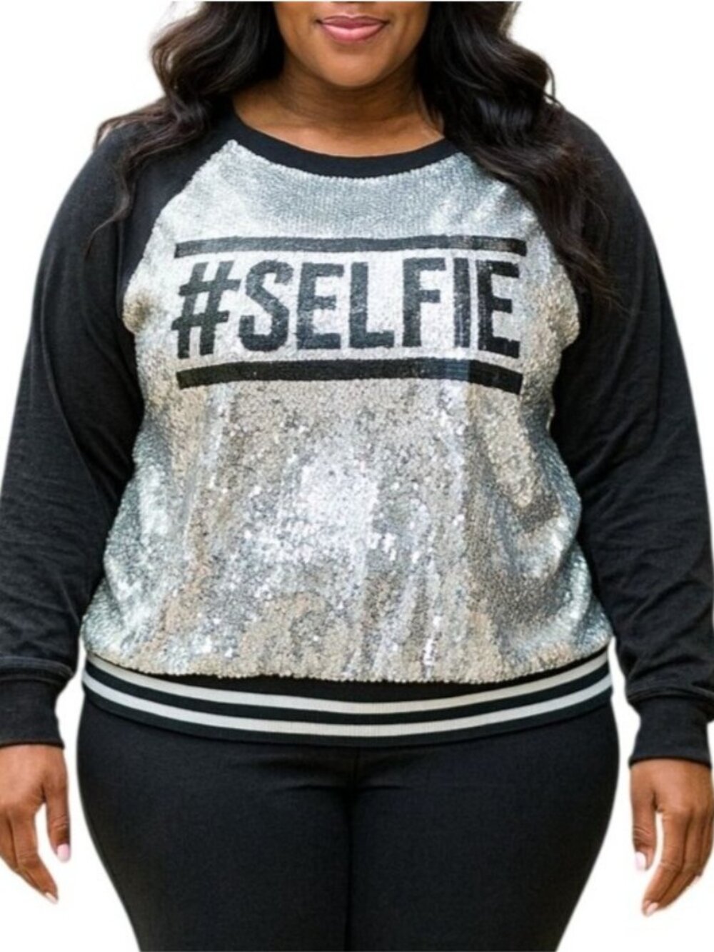 Fashion House Size Large Sparkle Selfie Sweatshirt Black Silver Sequin